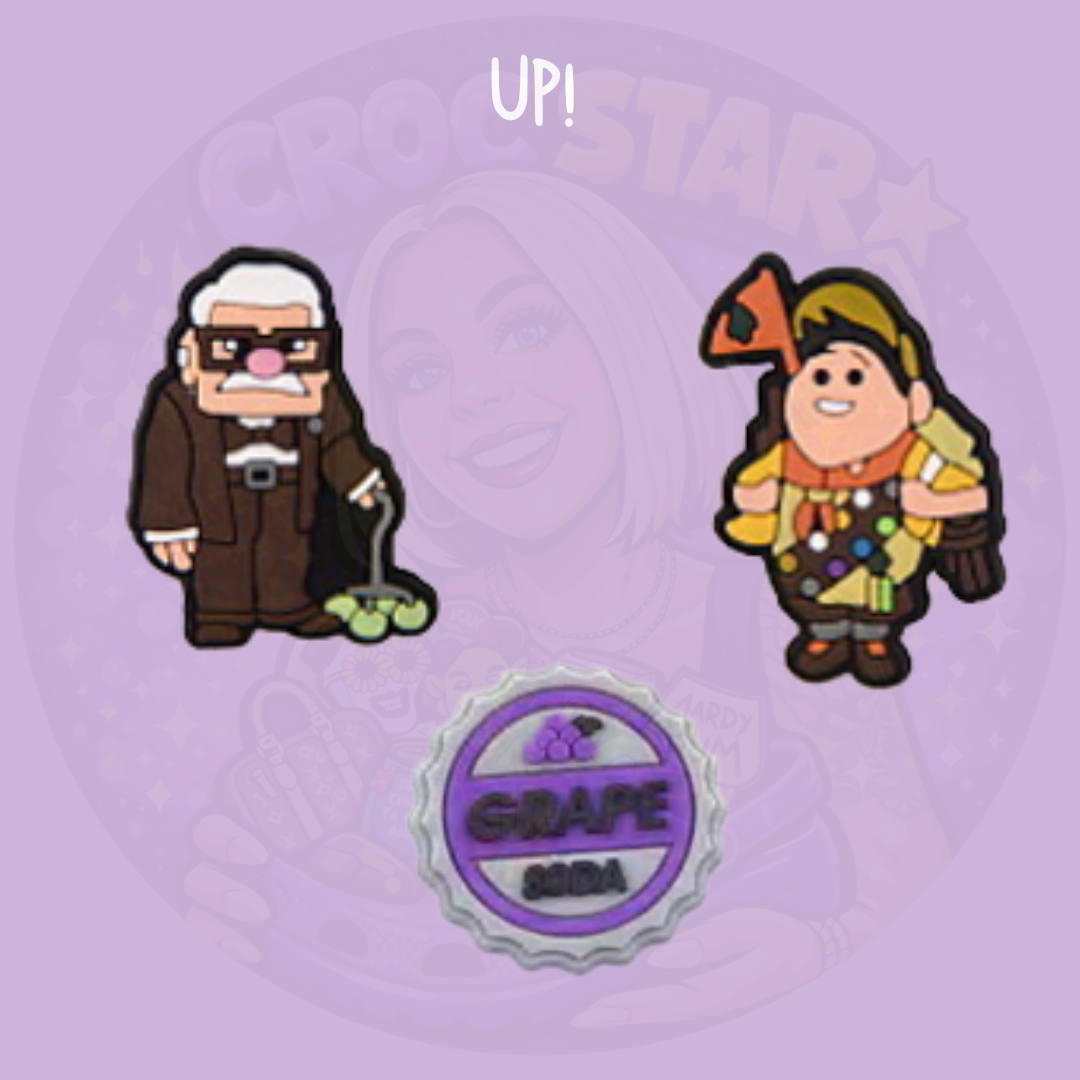 Up Carl Fredricksen Russell and Grape Soda Croc charms Carl and Russell adventure movie shoe charms with Grape Soda badge