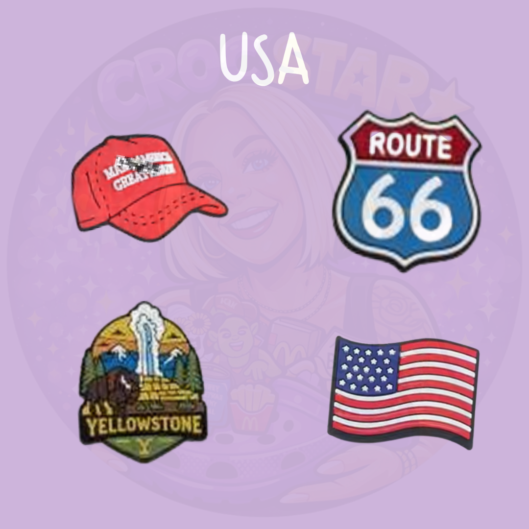USA Croc Charms featuring Route 66 Yellowstone and American flag designs