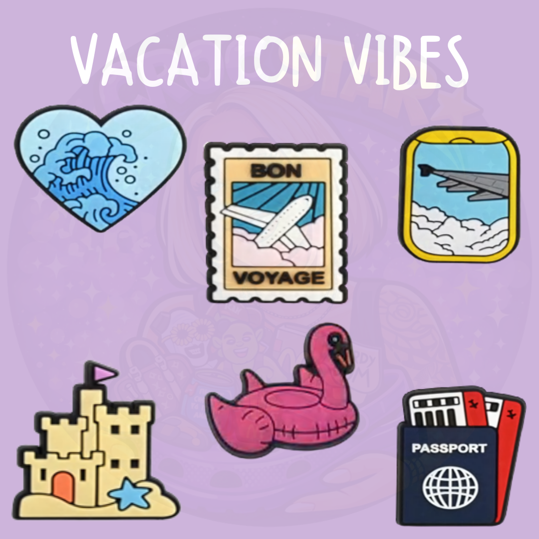Vacation Vibes croc charms featuring travel and holiday designs