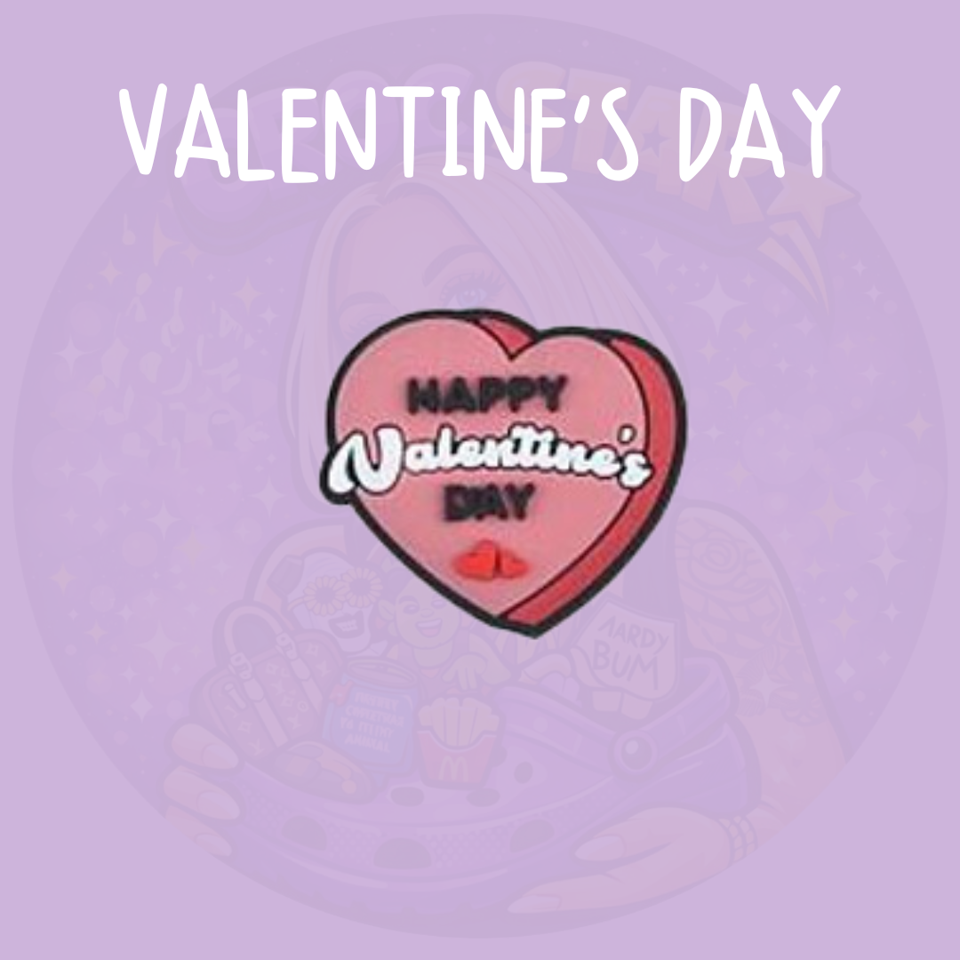 Happy Valentine's Day Croc charm featuring a pink heart design and Valentine's Day lettering