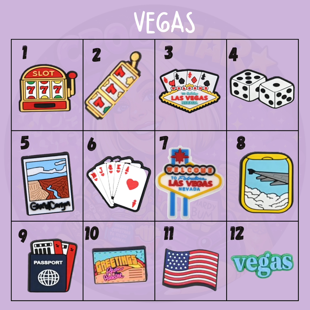 Vegas souvenir shoe charms featuring Las Vegas sign, slot machine, casino cards, dice, passport and American flag