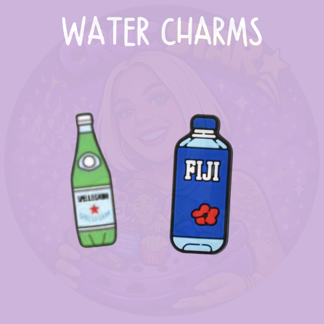 Water bottle croc charms featuring luxury and tropical water designs
