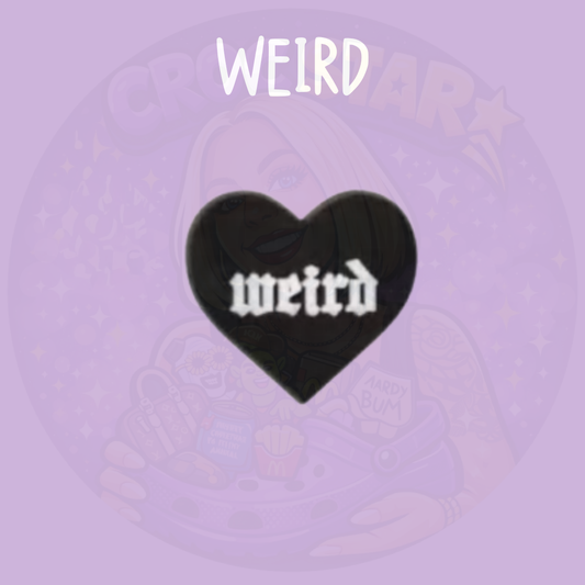 Black weird heart croc charm with gothic-style lettering