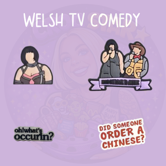 Set of four Welsh comedy inspired shoe charms featuring funny UK TV style quotes including “what’s occurin” and takeaway quote design, displayed on a purple background