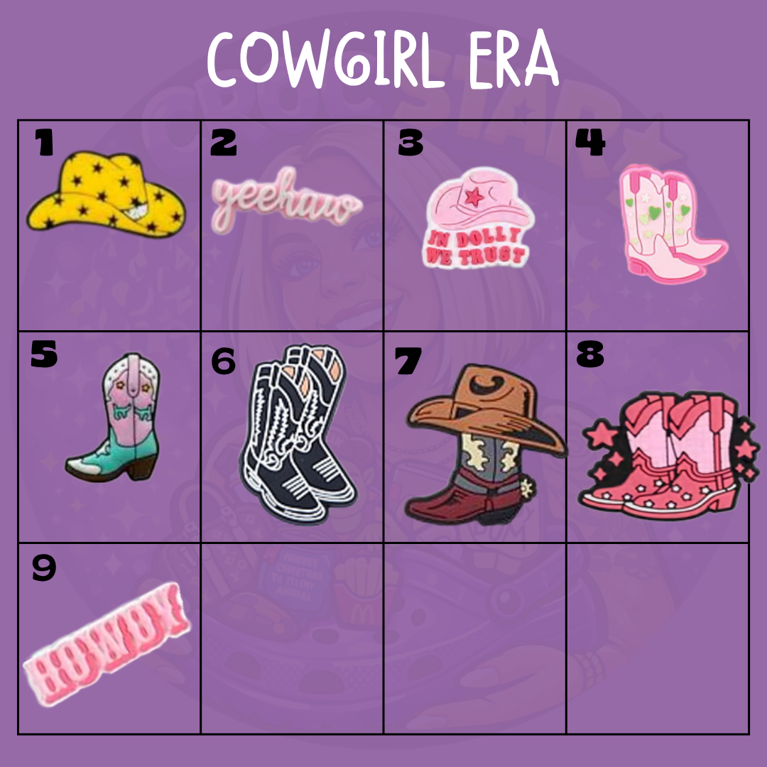 Western shoe charms featuring pink cowgirl boots, turquoise cowboy boots, brown cowboy boots, cowboy hats and Dolly-inspired country designs