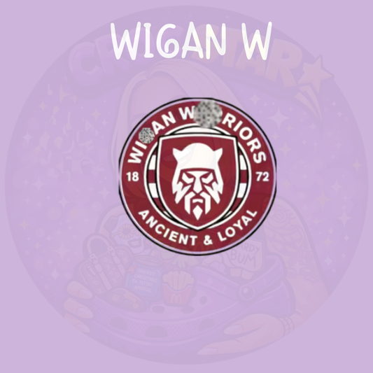 Wigan Warriors Croc charm featuring the Wigan Warriors rugby league club crest with warrior face and Ancient & Loyal design