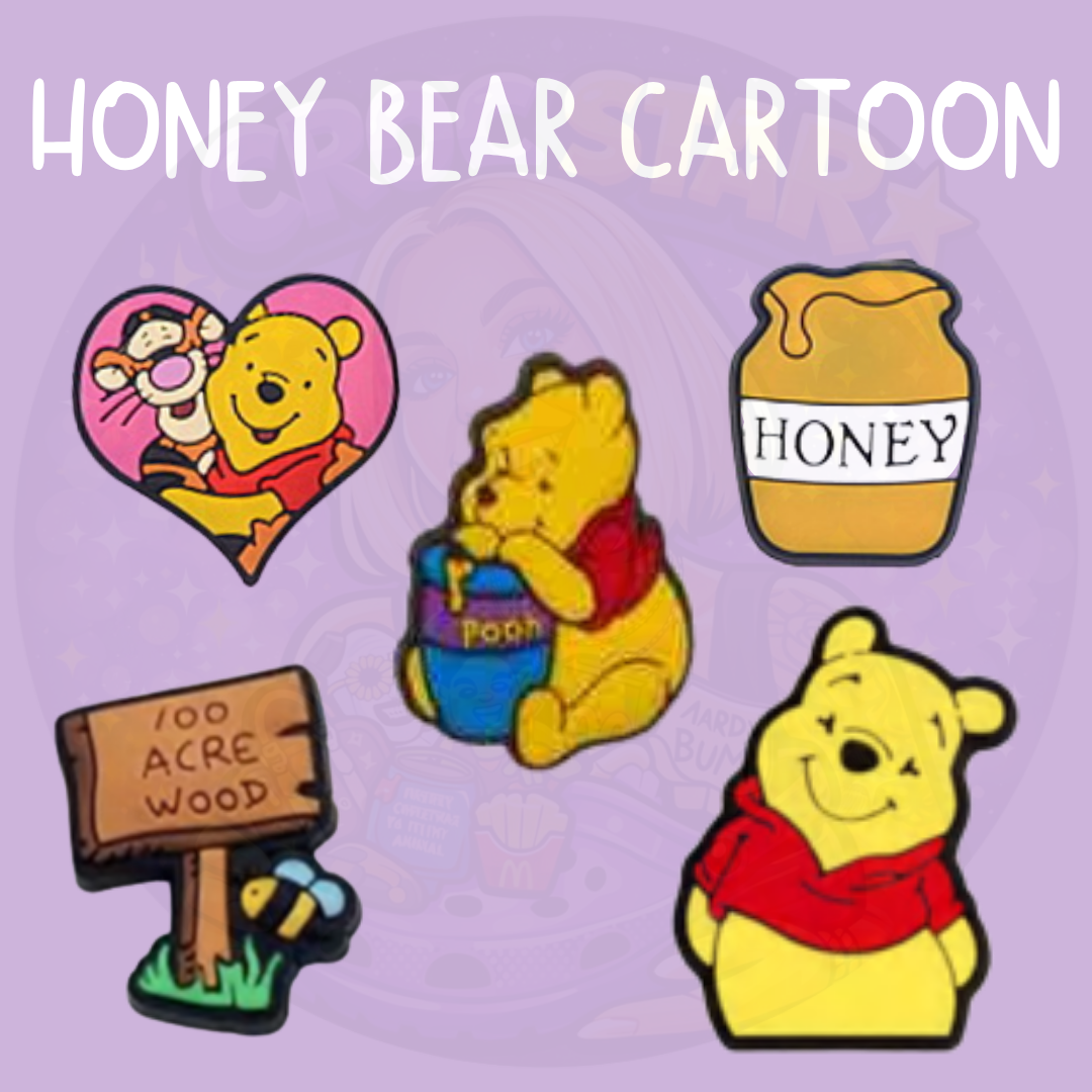 Cute honey bear cartoon Croc charms featuring a yellow bear, honey jar, woodland sign and small bee