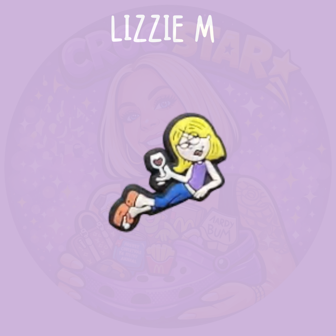 Y2K cartoon style croc charm featuring a blonde character holding a drink in a relaxed pose on a purple background