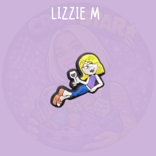 Y2K cartoon style croc charm featuring a blonde character holding a drink in a relaxed pose on a purple background