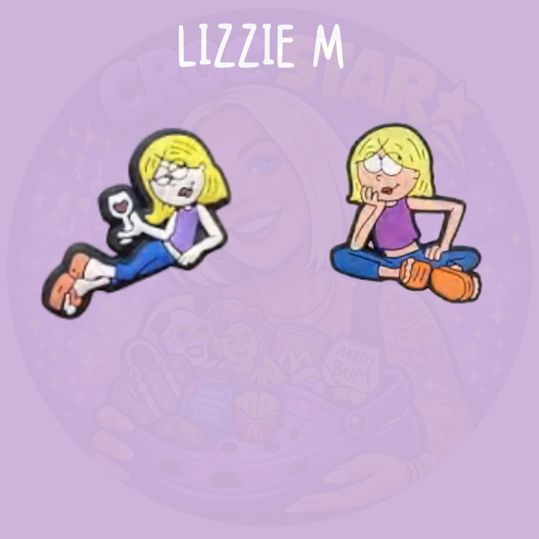 Y2K cartoon style croc charm featuring a blonde character holding a drink in a relaxed pose on a purple background