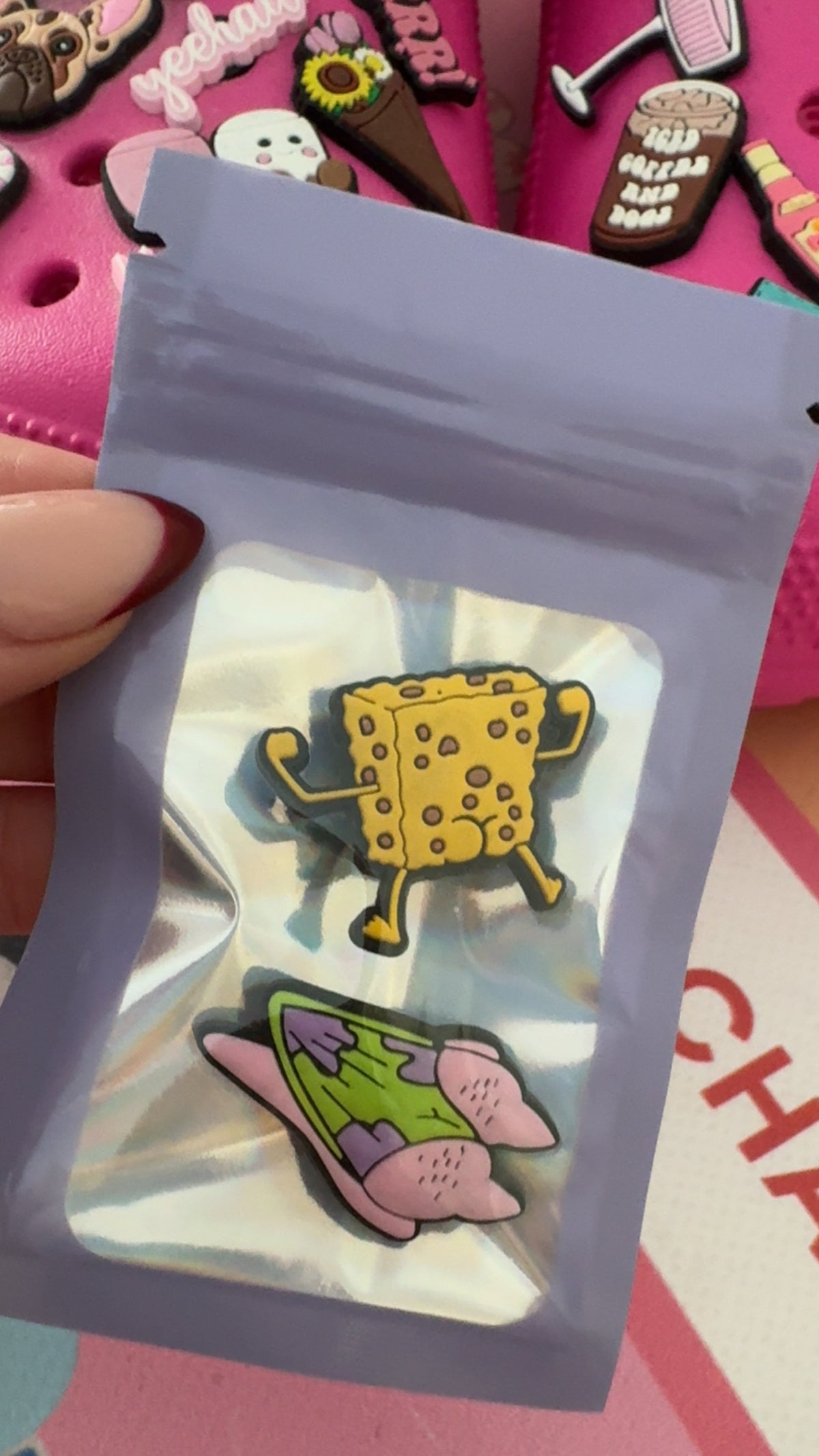 2 piece yellow sponge and pink starfish shoe charm bundle
